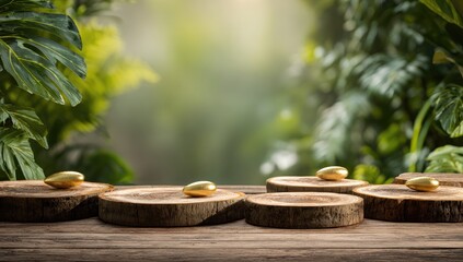 Golden eggs on wooden slices, lush green backdrop