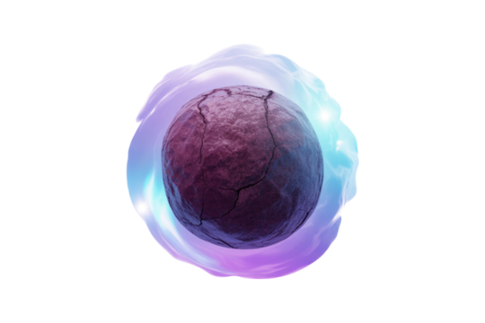 Cracked planet enveloped by a vibrant, swirling, translucent energy field. background removed