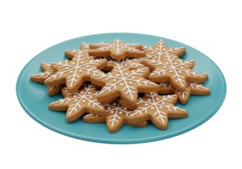 Isolated gingerbread snowflake cookies on teal plate, holiday sweets for Christmas treats