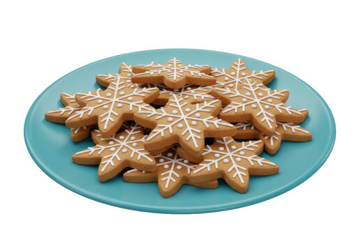 Isolated gingerbread snowflake cookies on teal plate, holiday sweets for Christmas treats