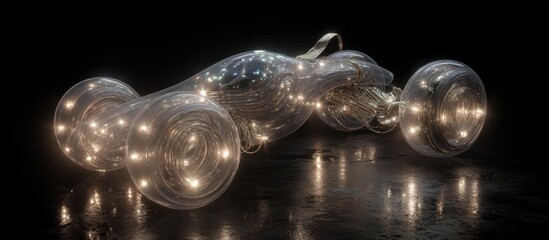 Translucent futuristic racer with glowing internal circuitry and spherical wheels, resting on a dark reflective surface