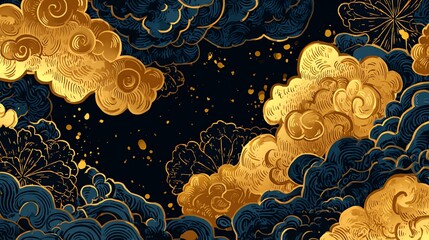 An ornate illustration depicts swirling golden clouds and deep teal waves against a stark black background, evoking a sense of dynamic energy and traditional artistry.