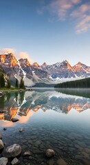 Majestic mountains reflect serenely in a tranquil lake at sunrise, showcasing a breathtaking natural landscape.