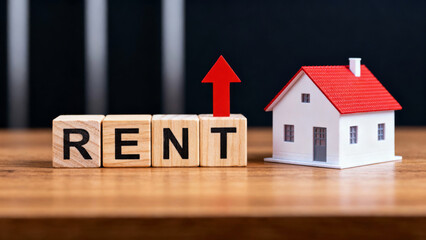 Rising housing cost concept with rent blocks and red arrow near house model