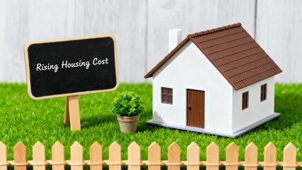 Rising housing cost concept with model house green grass wooden fence and chalkboard
