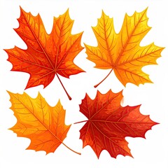 Obraz premium Four vibrant autumn maple leaves in shades of red, orange, and yellow, arranged on a white background