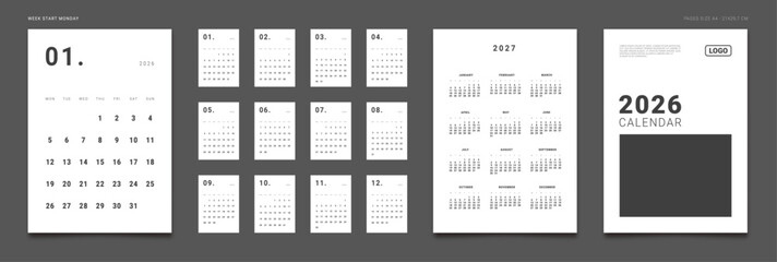 2026 Calendar Planner Set of Template Monthly Pages, Cover with Place for Photo, Company Logo Annual 2027. Vector layout grid vertical of wall or desk organizer. Week start Monday. Page A4 ready print