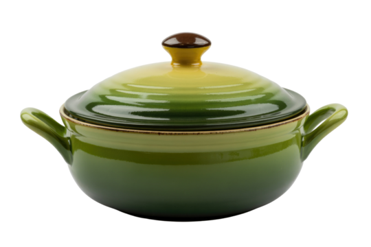 A green ceramic pot with a lid and two handles, perfect for cooking and serving. background removed