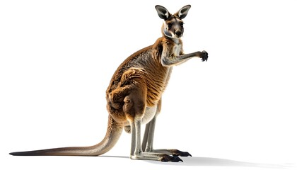 A full shot of a reddish-brown kangaroo standing against a plain white background, showcasing its robust physique and expressive stance.