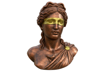Isolated Lady Justice statue, representing blind justice and law, with gold details