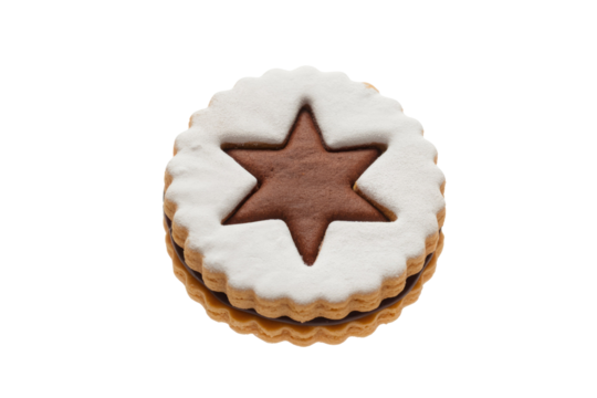 A delicious double-layered cookie with a star-shaped chocolate center, dusted with powdered sugar. background removed