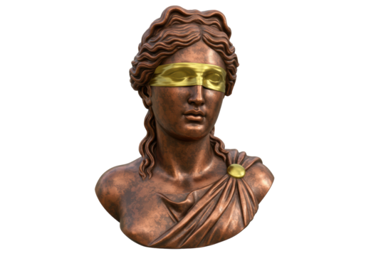 Isolated Lady Justice statue, representing blind justice and law, with gold details