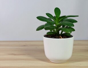 Small succulent plant in white pot on wooden surface