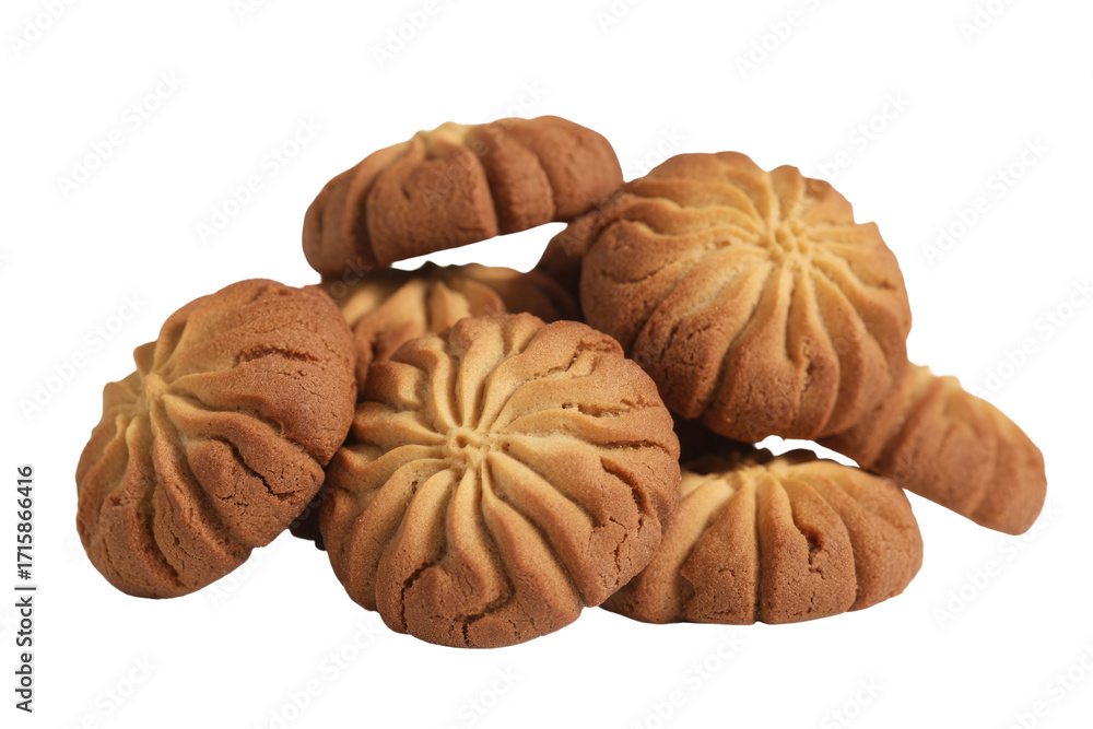 Poster a pile of golden brown cookies with a starburst pattern, isolated on a transparent background. backg
