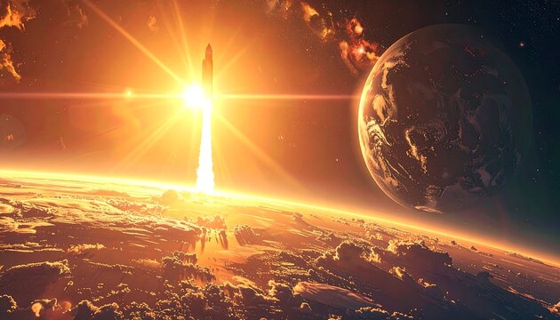 Space rocket launch, vibrant sunrise