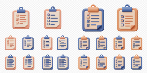 Collection of cartoon clipboards with checklists, some having checked boxes and curled paper edges.