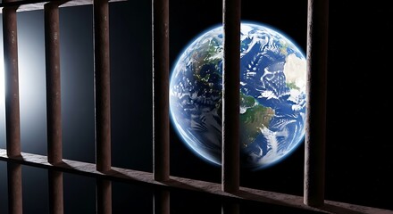 Earth viewed through rusty prison bars, a striking image of confinement and global perspective.