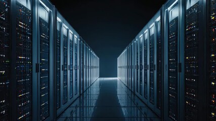 Gleaming server room corridor with illuminated racks, representing digital infrastructure and data flow - Powered by Adobe