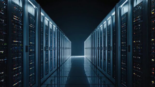 Gleaming server room corridor with illuminated racks, representing digital infrastructure and data flow - Powered by Adobe