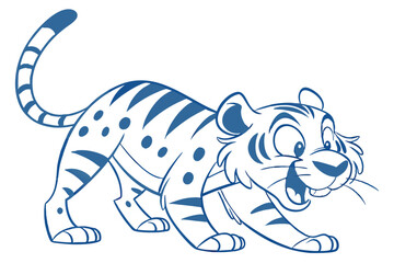 Cartoon Tiger with Cute Pose, Blue Outline, White Background