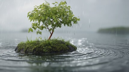 Lonely Isle: A tranquil oasis of a tree flourishing amidst a gentle rain, its roots grounded on a small island in the lake. Capturing the enduring strength and adaptability of nature's resilience.