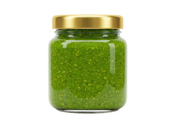 Isolated glass jar of vibrant green pesto on a clean surface ready for healthy eating