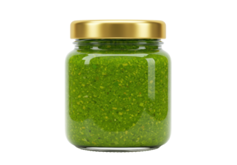 Isolated glass jar of vibrant green pesto on a clean surface ready for healthy eating