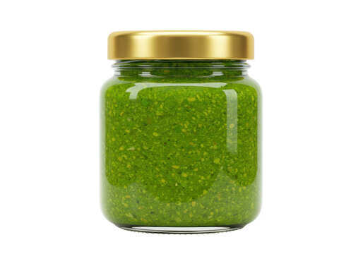 Isolated glass jar of vibrant green pesto on a clean surface ready for healthy eating - Powered by Adobe