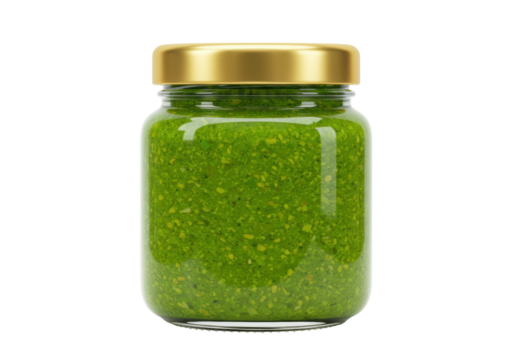 Isolated glass jar of vibrant green pesto on a clean surface ready for healthy eating