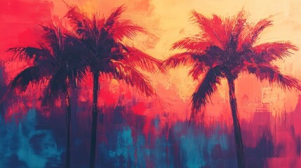 Abstract Palm Trees Sunset Tropical Landscape, digital art