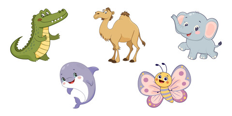 Obraz premium Set of crocodile, camel, elephant, dolphin, and butterfly illustrations perfect for children designs. Vector art isolated on transparent background.