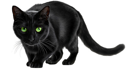 Black cat with green eyes isolated on transparent background