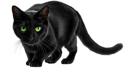 Black cat with green eyes isolated on transparent background