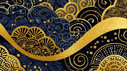 An opulent, swirling design evokes the power and beauty of the ocean, rendered in rich navy and shimmering gold, creating a luxurious and dynamic visual experience.