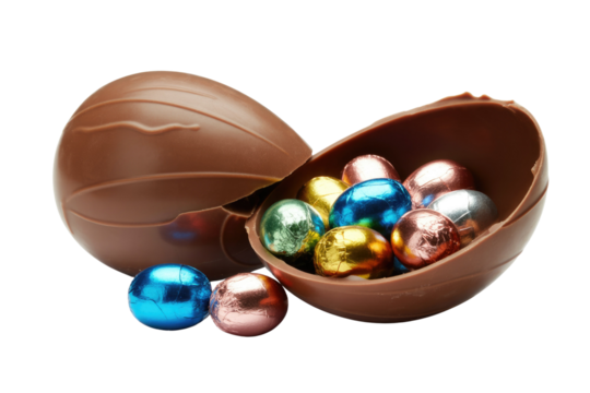 A broken chocolate Easter egg reveals colorful foil-wrapped chocolate eggs inside, a delightful Easter treat. background removed