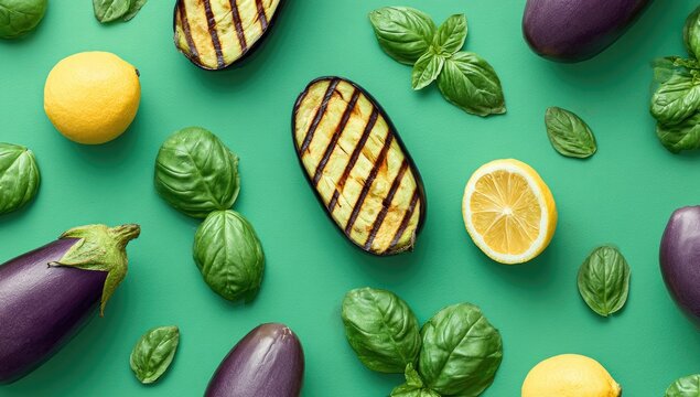 Flat lay of grilled eggplant halves, whole eggplants, lemon slices, and fresh basil leaves arranged on a teal background - Powered by Adobe