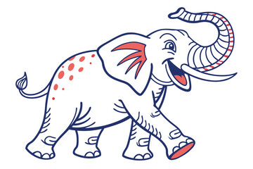 Cartoon Walking Elephant with Red Accents, Blue Outline on White Background