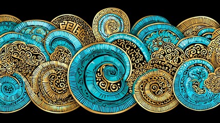 An intricate, repeating pattern of stylized spirals and geometric shapes in shades of teal and gold creates a visually striking decorative band against a dark background.