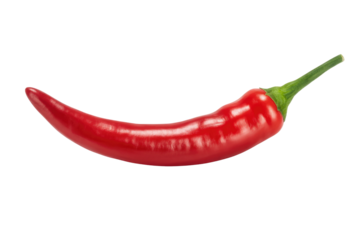 A vibrant red chili pepper, isolated on a transparent background, showcasing its glossy texture and curved shape. background removed