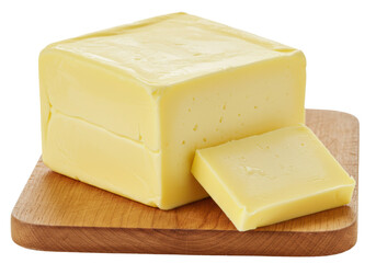 Isolated butter block on wooden cutting board food photography shot, product photograph, kitchen ingredient