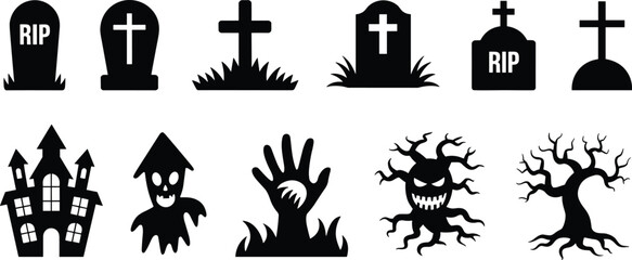 Halloween graveyard icon set with haunted house, ghost, cross, gravestone, twisted tree, scary face, silhouette vector illustration