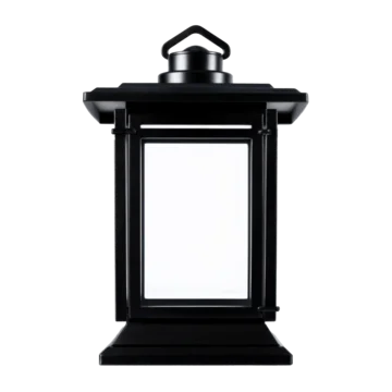 Minimalist black metal lantern on a transparent background with clean lines and a simple design