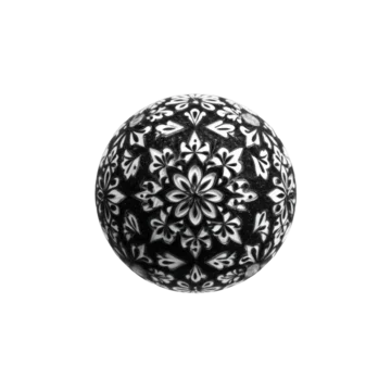 Geometric mandala ball with ornate abstract floral patterns in black and white on transparent background