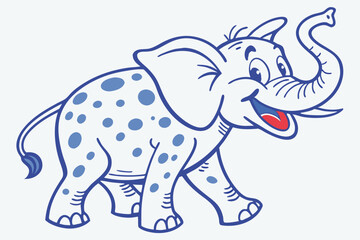 Cartoon White Elephant with Blue Spots, Outline, Red Tongue on White Background