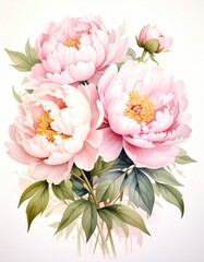 Delicate pink peonies in full bloom, clustered together with lush green foliage, presented against a soft, off-white background. Watercolour-style painting