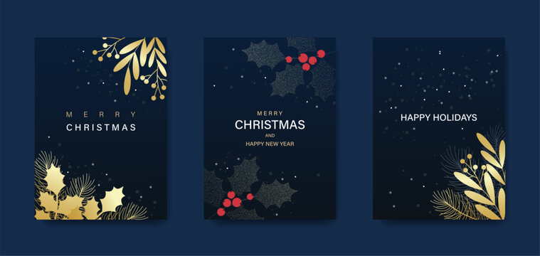 Merry Christmas and Happy New Year! A luxury greeting card or invitation template featuring a golden Christmas tree, branches, and holly on a blue background.