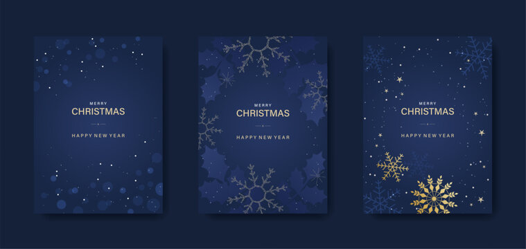 Merry Christmas and Happy New Year! Greeting card or invitation template featuring holly and golden snowflakes on a blue background.