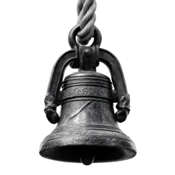 Ornate antique church bell hanging on a thick rope on transparent background