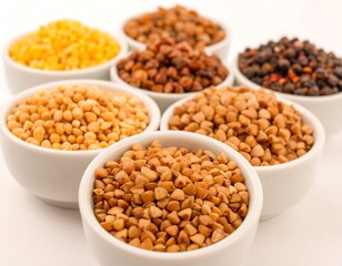 Small white bowls filled with various grains