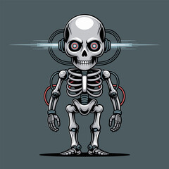 Futuristic skeleton character, big headphones, cyber vibe, cartoon mascot, vector illustration, music lover, spooky cool design